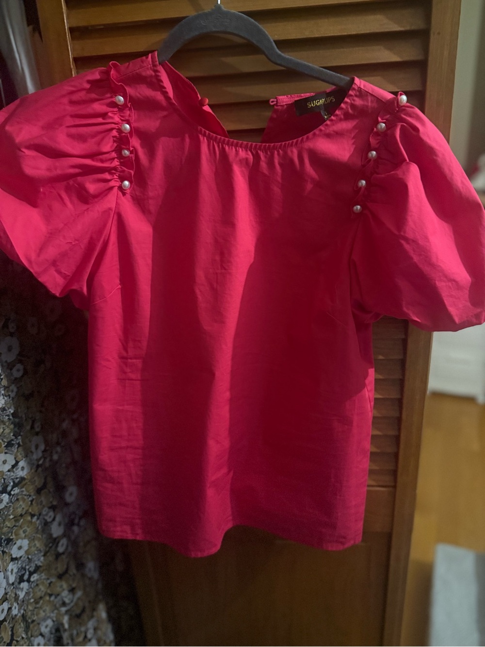 Sugarlips Hot Pink Puff Sleeve Top with Pearl Buttons